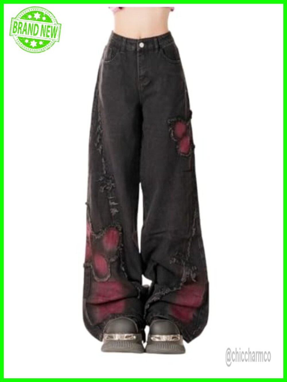 Y2K Baggy Distressed Wide Leg Jeans High Waist Butterfly Star Patch